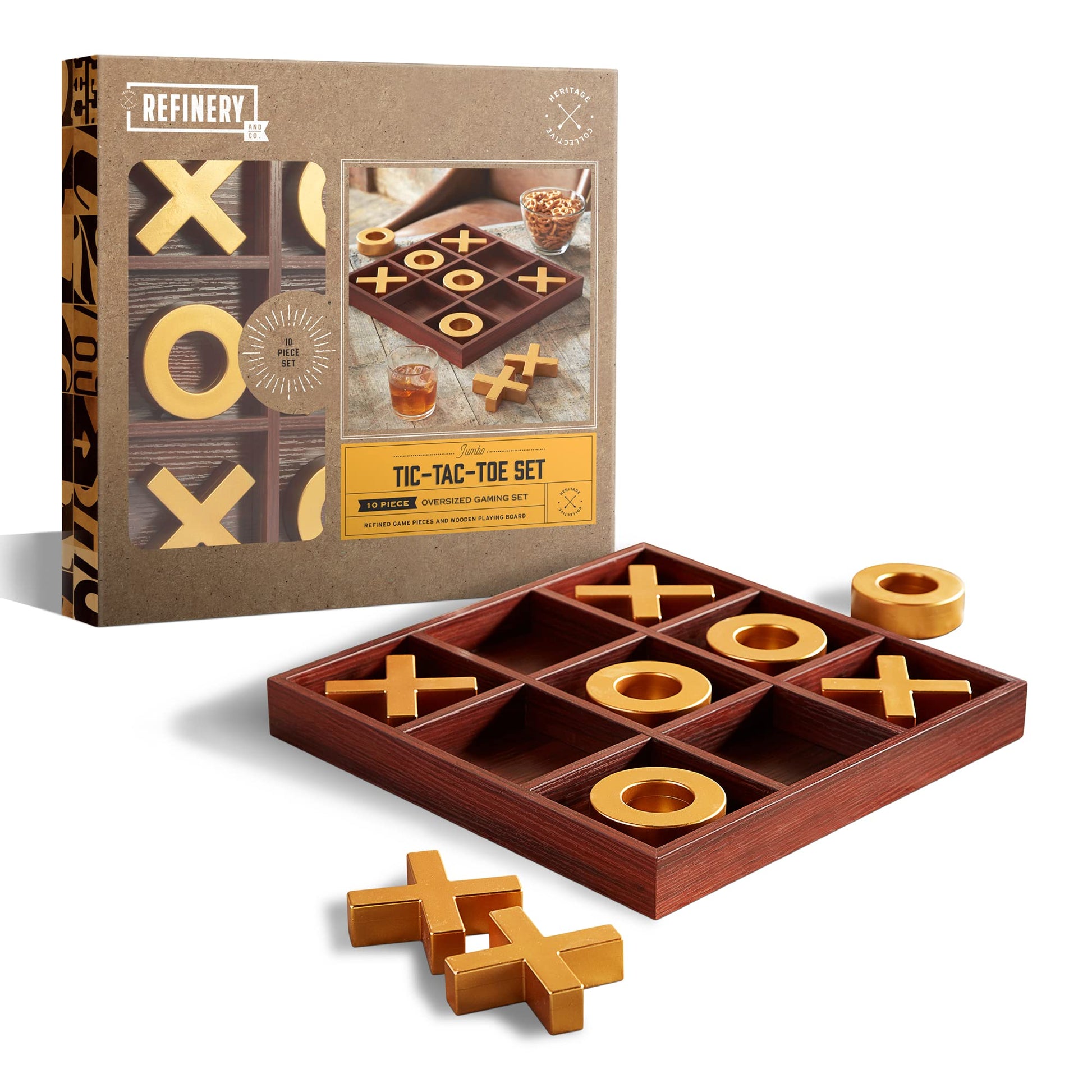 Refinery Premium Solid Wood Tic-Tac-Toe Board Game  Giant Gold 14  Coffee Table Home Decor  Classic Indoor/Outdoor Party Game for Children & Adults-New