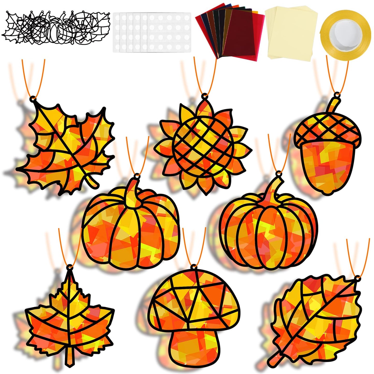 32 Sets Fall Thanksgiving Suncatchers Craft Kit DIY Window Stained Glass Effect Autumn Harvest Paper Crafts Home School Classroo