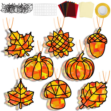 32 Sets Fall Thanksgiving Suncatchers Craft Kit DIY Window Stained Glass Effect Autumn Harvest Paper Crafts Home School Classroo