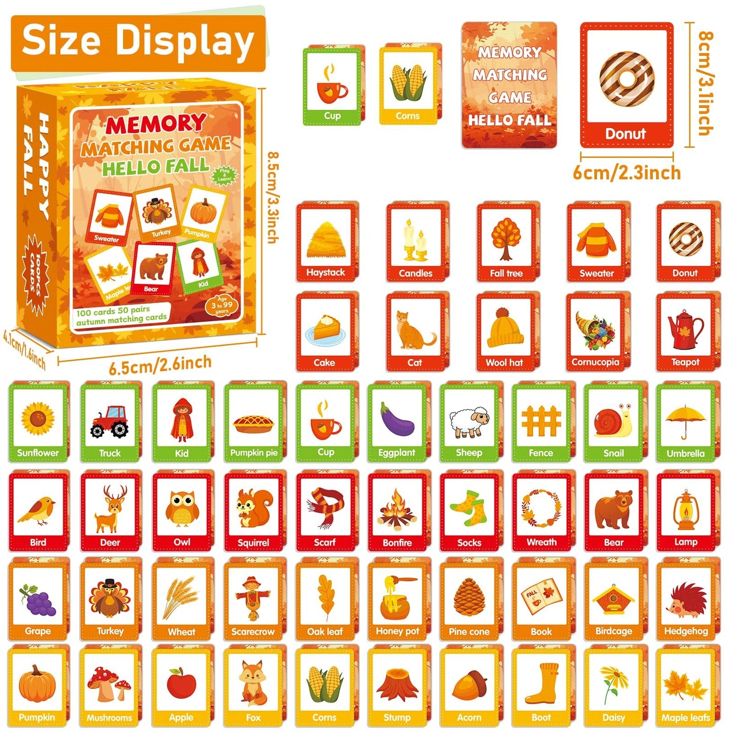 gisgfim 50 Pairs Thanksgiving Memory Matching Game Happy Fall Concentration Memory Games for Kids Educational Ages 3-8 A Fun & F