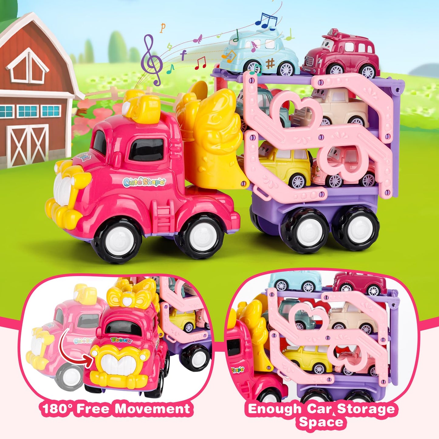 Lovinkiki Toddler Car Toys for 1, 2, 3+ Year Old Girls, 7-in-1 Carrier Truck for Age 1 2 3 with Light & Music 3-Layer Transport