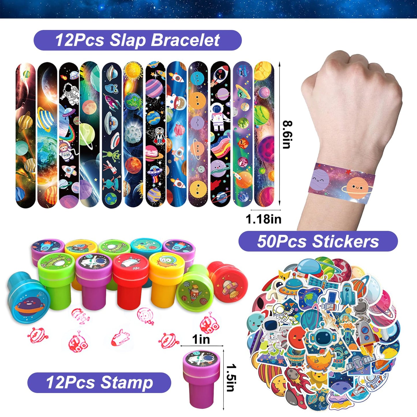 Bluegogo Space Party Favors Set - 151 Pcs Includes Stress Balls, Bracelets, Tattoos, Keychains - Perfect for Kids' Space Birthday Parties