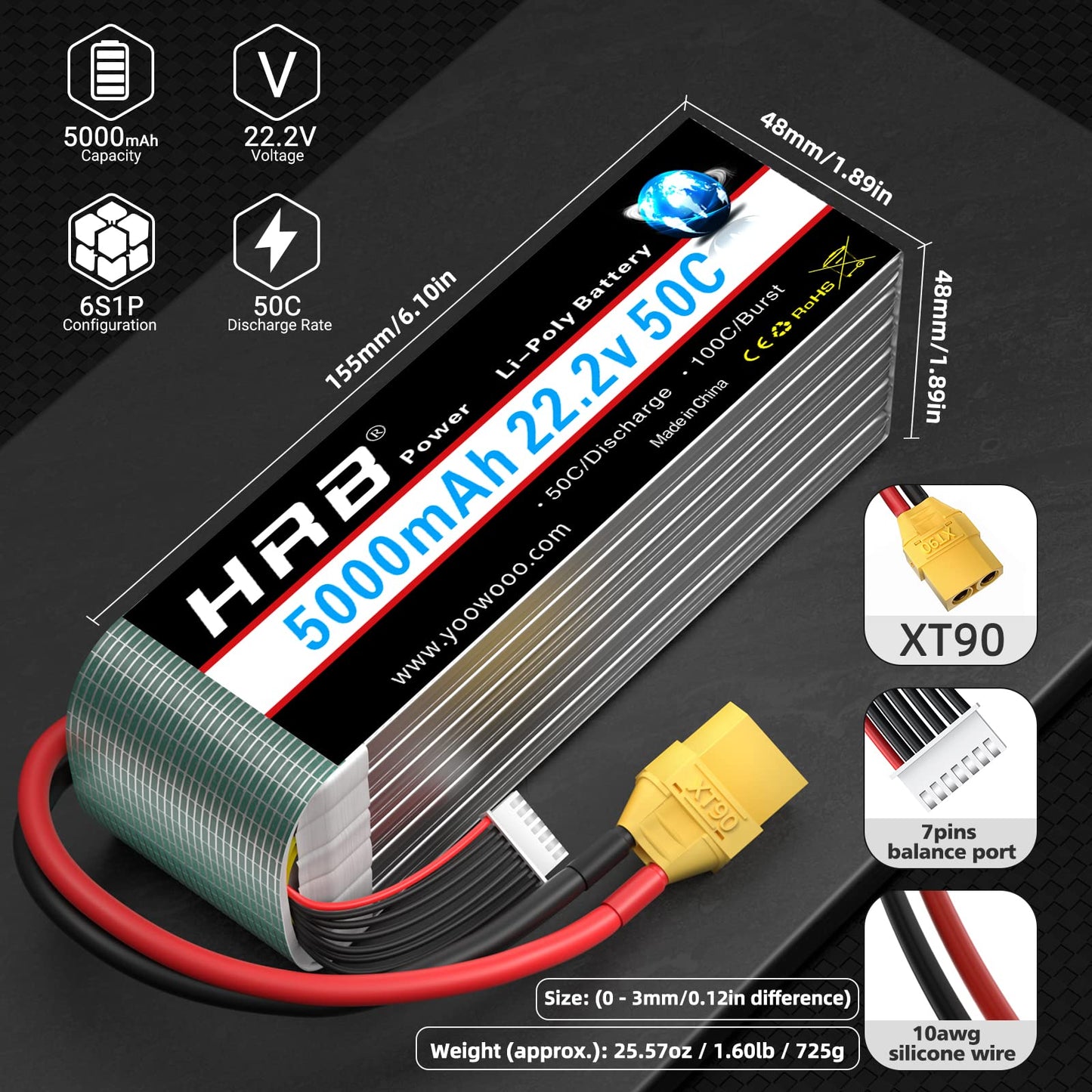 Hrb 6S 5000Mah Lipo Battery Xt90 50C-100C 22.2V Rc Lipo Battery Compatible With Rc Quadcopter Helicopter Airplane Car Boat Truck