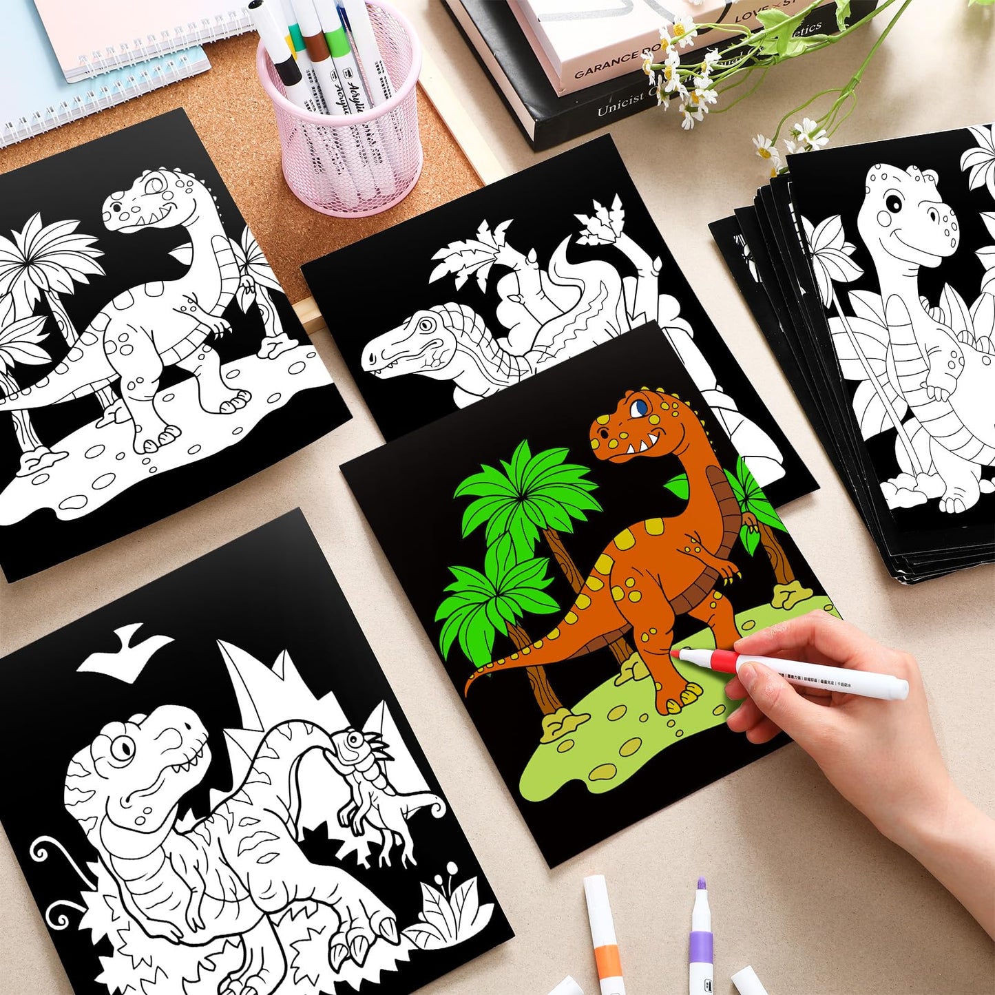 Zhanmai 48 Pack of 8 x 10 Inches Back to School Dinosaur Velvet Coloring Posters Party Favors and 24 Pcs Watercolor Pens for Adu