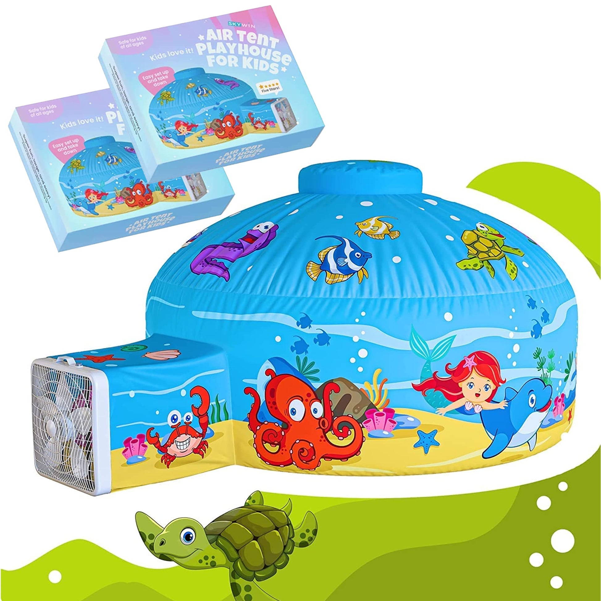 Skywin Air Tent Fort Playhouse for Kids (Ocean) - 2 Pack Classic Inflatable Kids Fort Sets Up and Stores Away in Seconds (Fan NO