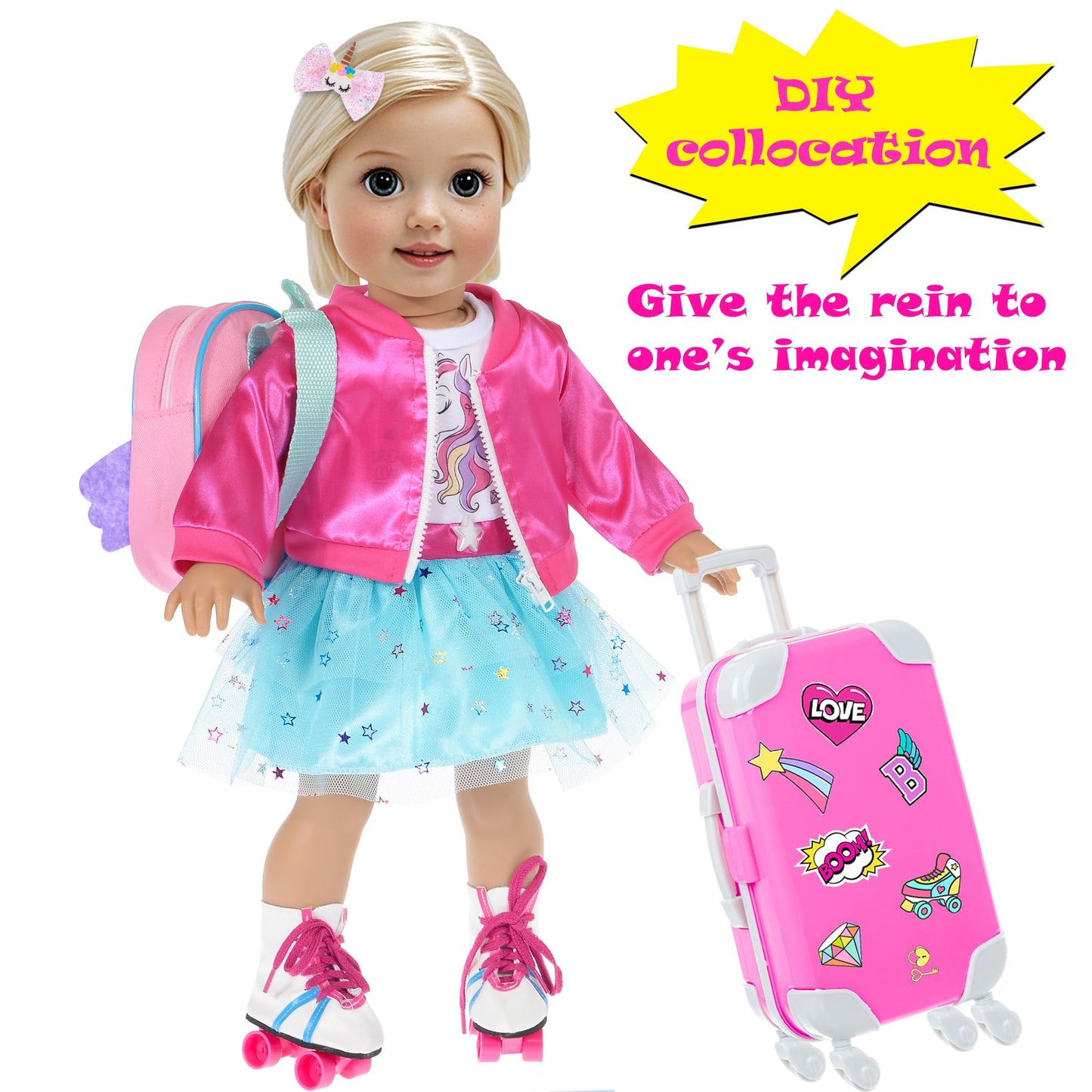 18 Inch Doll Clothes And Doll Accessories Case Luggage Travel Play Set Include Suitcase, Jacket, Dresses, Backbag, Roller Shoes, Hairband, Sticker Etc (No Doll)