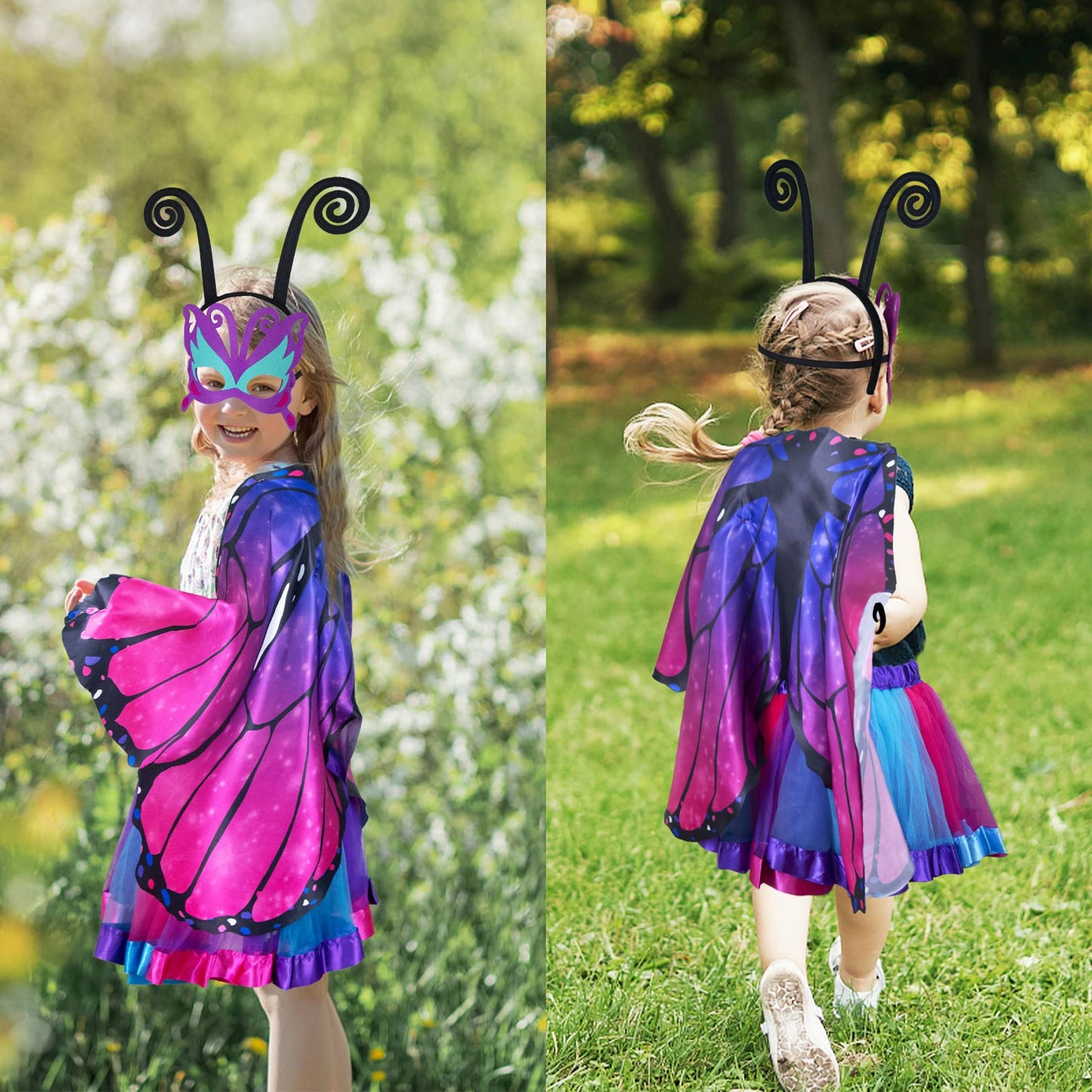 D.Q.Z Fairy Butterfly-Wings Costumes For Girls Dress Up Clothes Rainbow Tutu Mask Headband Role Play Toys For Girl 3-8 Gift (Rose)