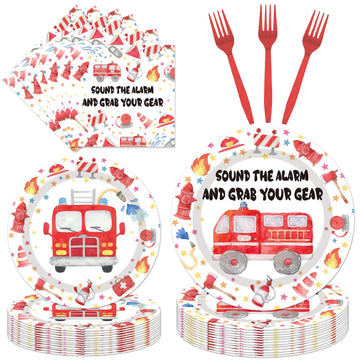 EUOYUFO Firetruck Birthday Party Decorations - 96PCS Fire Truck Plates and Napkins Party Supplies Firefighter Birthday Decoratio