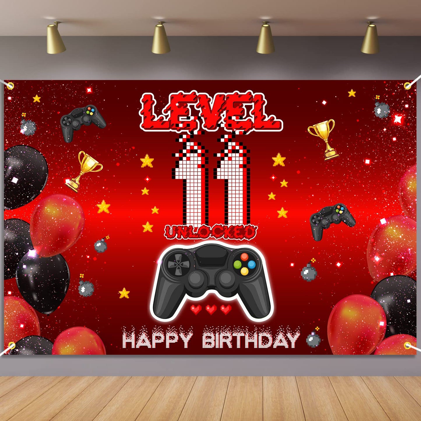 Level 11 Unlocked Backdrop Banner Decorations Video Game On Happy 11th Birthday for Boys Kids Red and Black 11 Years Old Level U