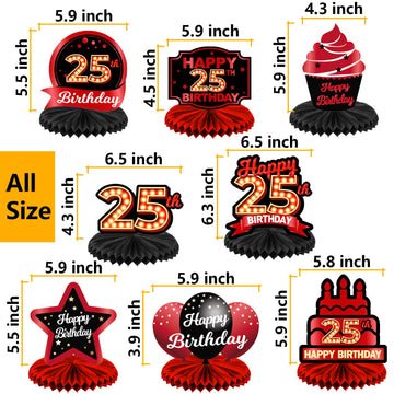 Happy 25Th Birthday Red And Black Table Honeycomb Centerpieces Balloons Theme Decor Table Decorations Table Toppers For Girls Women Princess 25 Years Old Birthday Party Bday Supplies Background Gold