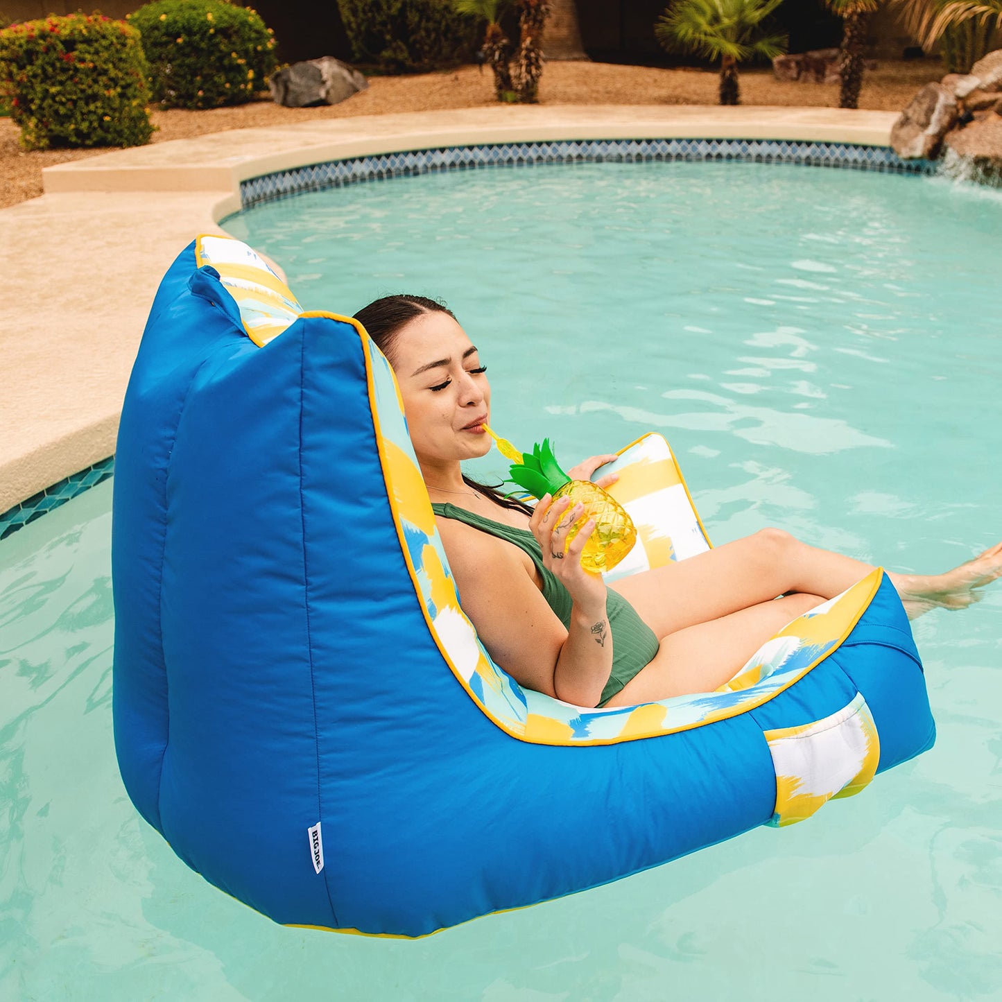 Big Joe Captain'S Float No Inflation Needed Pool Lounger With Drink Holder, Paintbrush Yellow Double Sided Mesh, Quick Draining Fabric, 3 Feet