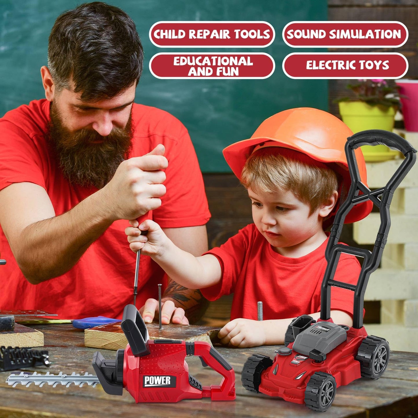 Arrowbash 2 Pcs Toy Gardening Tool Set for Kids Toy Hedge Trimmer  Push Lawn Mower Battery Powered Gardening Tool Set with Lights and Sounds Gift for Boys Girls