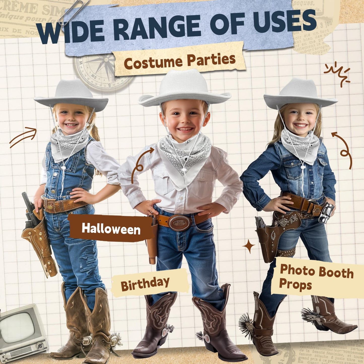 Septcity Toddler Cowboy Hat And Bandana For Age 2-5 (White)