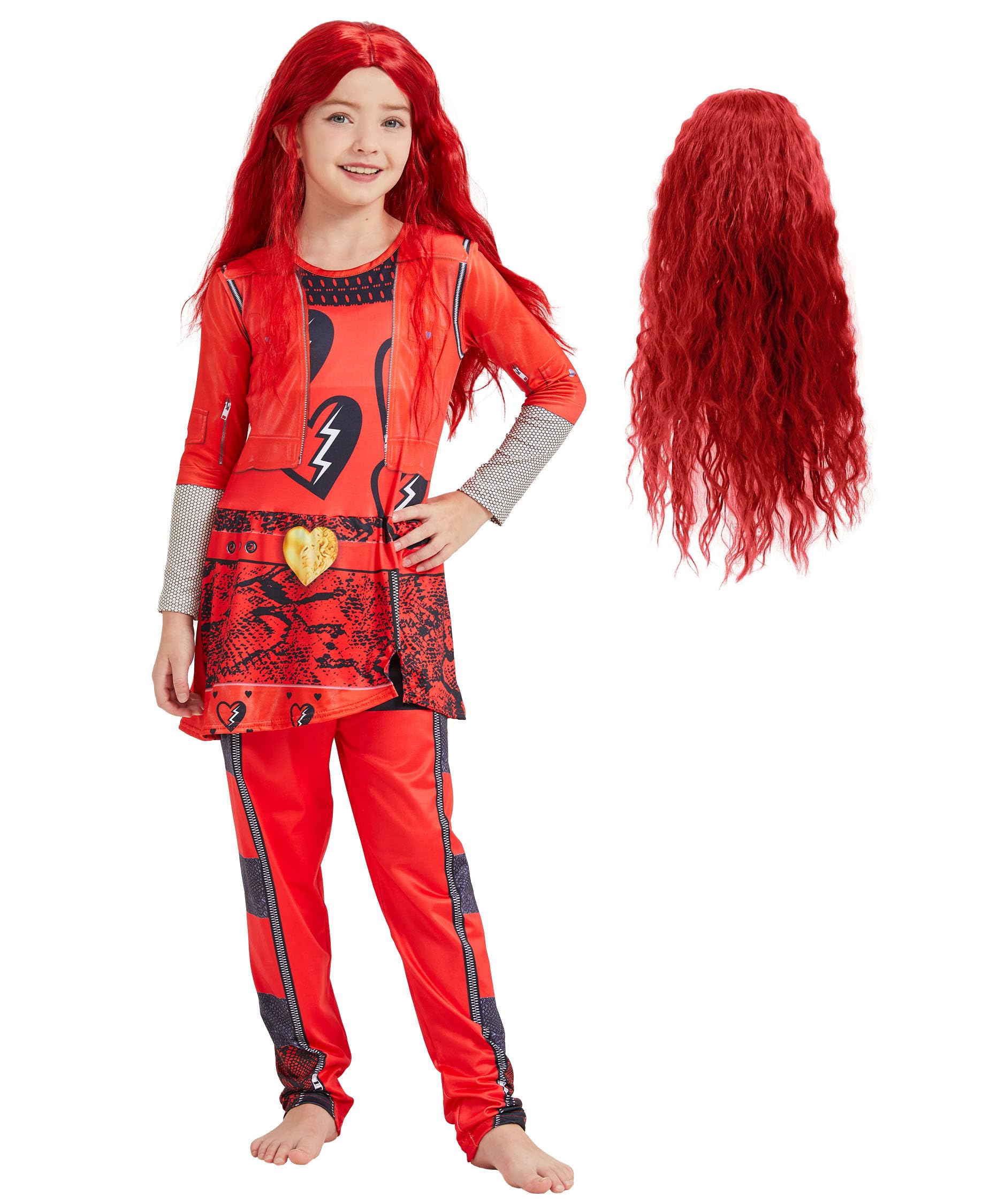 Girl Red Costume With Wig Rise Red Princess Kids Hallowen Party Dress Up Jumpsuit (Red, Xx-Large(11-12 Years))