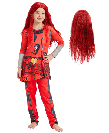 Girl Red Costume With Wig Rise Red Princess Kids Hallowen Party Dress Up Jumpsuit (Red, Xx-Large(11-12 Years))