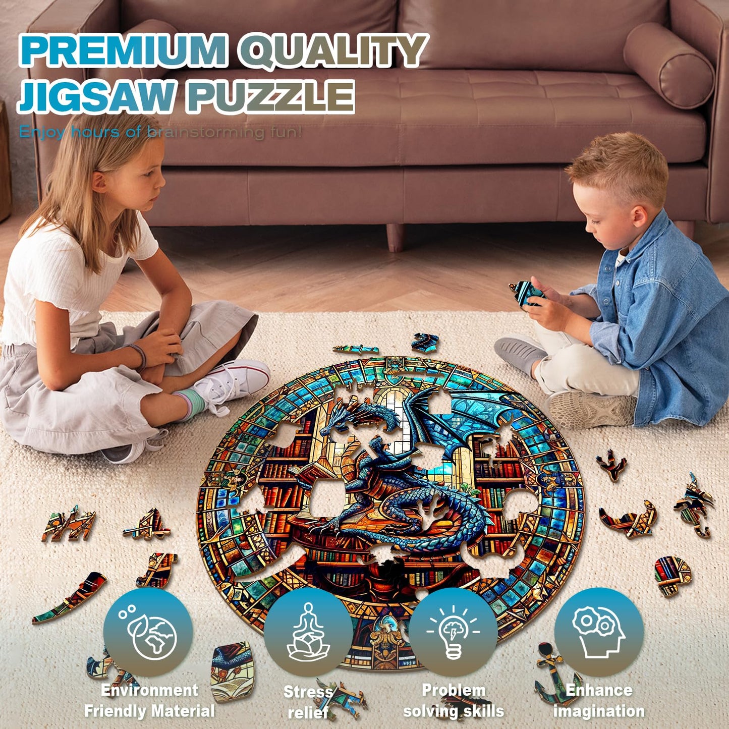 Wooden Puzzles for mature-themeds - Challenging The Dragon's Library mature-themed Puzzle  Unique Animal Shaped Wooden Jigsaw Puzzles for mature-themeds  Creative Gifts Family Games 13.4 * 13.4in 300pcs