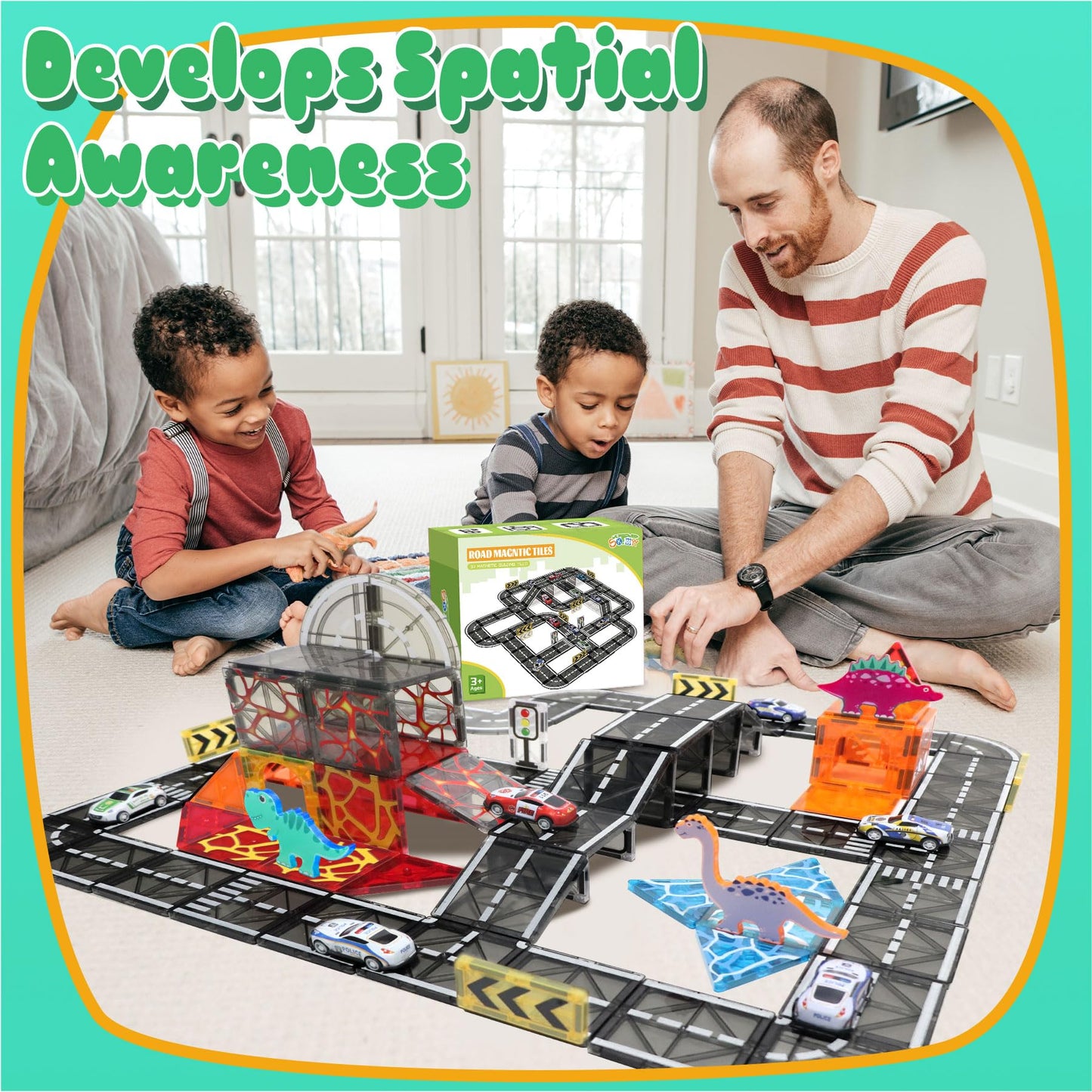 SKTMYY Magnetic Tiles Road Set with Pullback Car  Magnetic Tiles for Kids Ages 3-5 4-8  Magnet Building Tile for Toddler Kids Boys Girls  Creative STEM Building Toy & Learning Educational Magnet Toys
