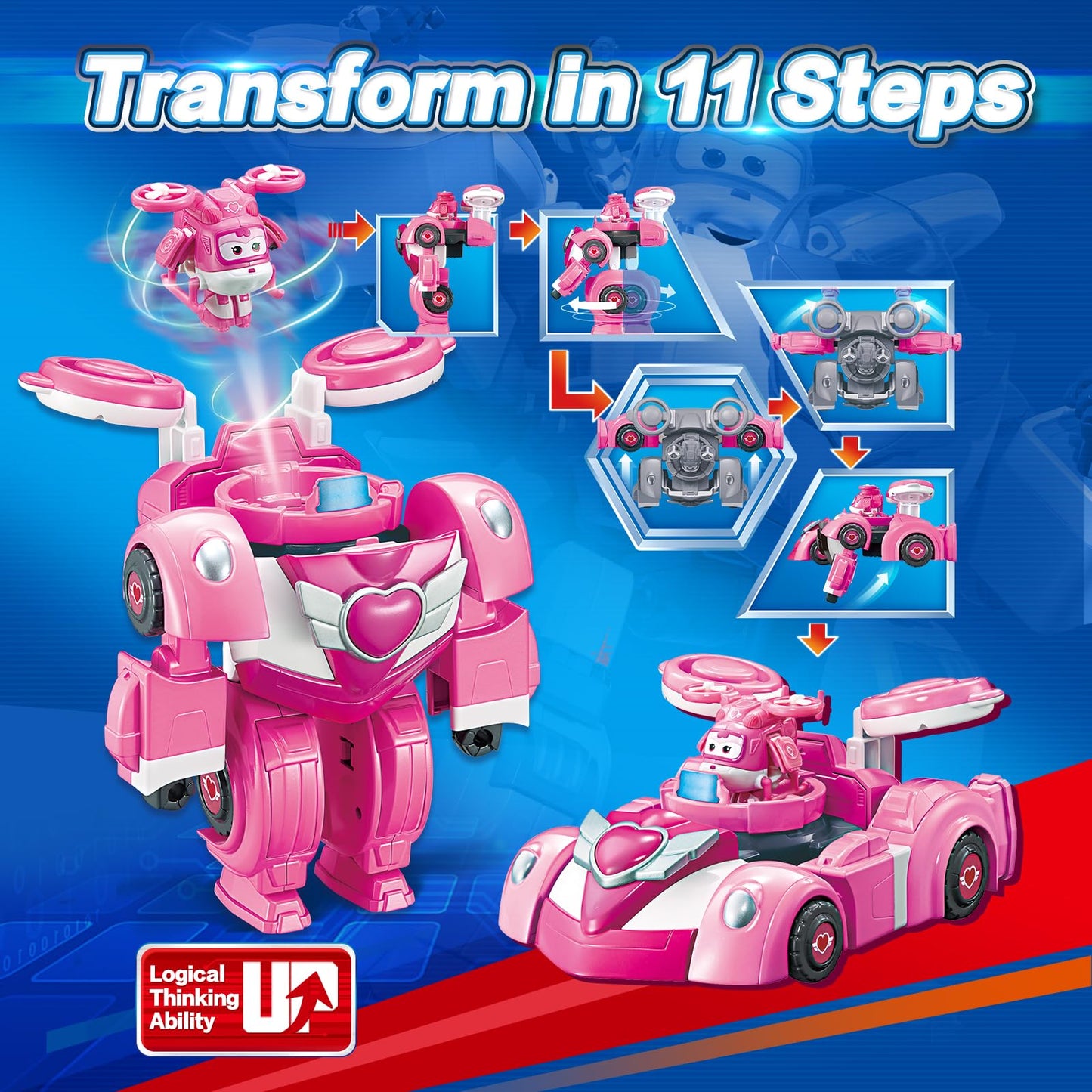 Super Wings Transformer Toys - 7" Robot & 2" Mini Dizzy, 2-in-1 Racing Car-Action Figure, Pink, Model EU770354 for Ages 3+