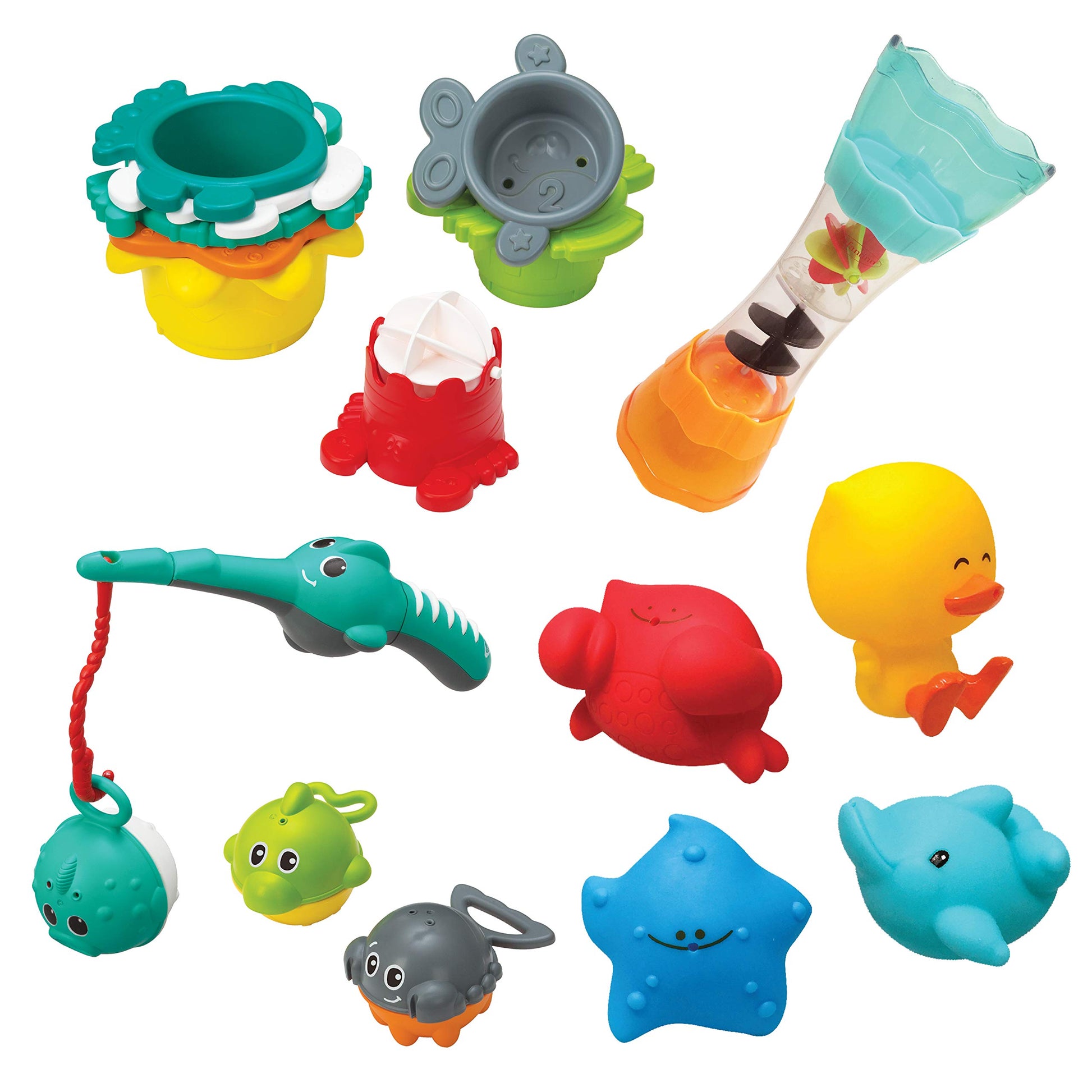 Infantino Splish & Splash Bath Play Set - Fishing Rod, Sea Pals, Bath Squirters, Stacking Cups, Fill & Spin Water Wand - Introduces Numbers, Stacking And Motor Skill Development - For Babies 0M+