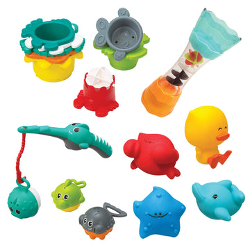 Infantino Splish & Splash Bath Play Set - Fishing Rod, Sea Pals, Bath Squirters, Stacking Cups, Fill & Spin Water Wand - Introduces Numbers, Stacking And Motor Skill Development - For Babies 0M+