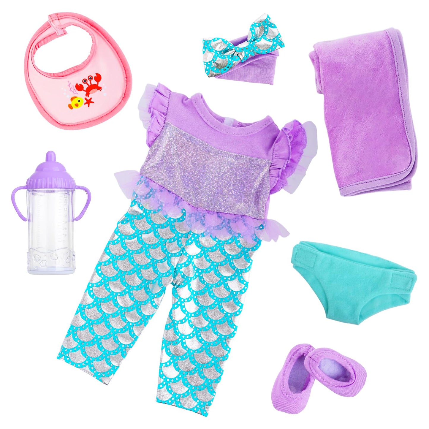 18INDC Baby Doll Clothes 16-18 Inch Mermaid -Themed Baby Dolls Accessories Set - Onesie Outfit  Blanket  Headband  Diaper  Bid  Bottle and Shoes