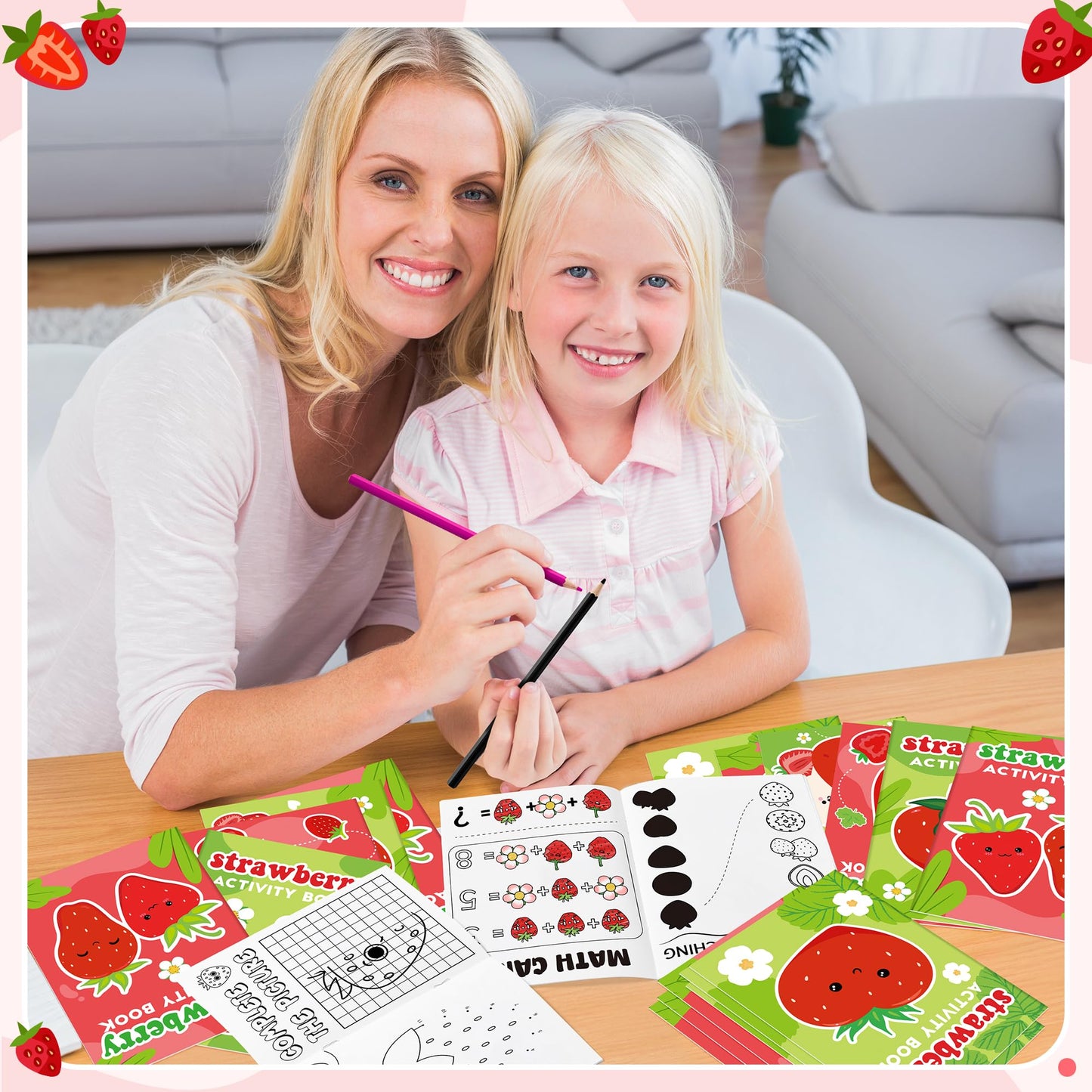 Strawberry Activity Books For Kids - 24Pcs Strawberry Mini Games Coloring Book Set Bulk Fruits Patterns Mazes Word Search Word S