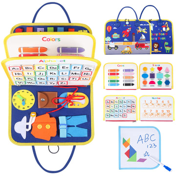 Busy Board For 1 2 3 4 Year Old Toddlers - Preschool Learning Activities Busy Book, Montessori Toys For Fine Motor Skills, Airplane Car Travel Essentials For Kids Boys Girls (Blue)
