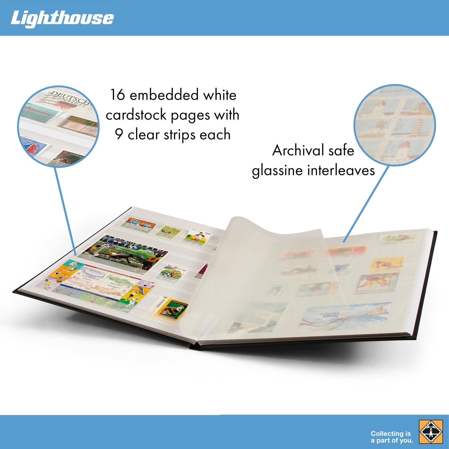 LIGHTHOUSE - BASIC    Hard Cover Stockbook for Stamps - 16 White Cardstock 9   x12    (A4) Pages with Glassine Strips - Blue