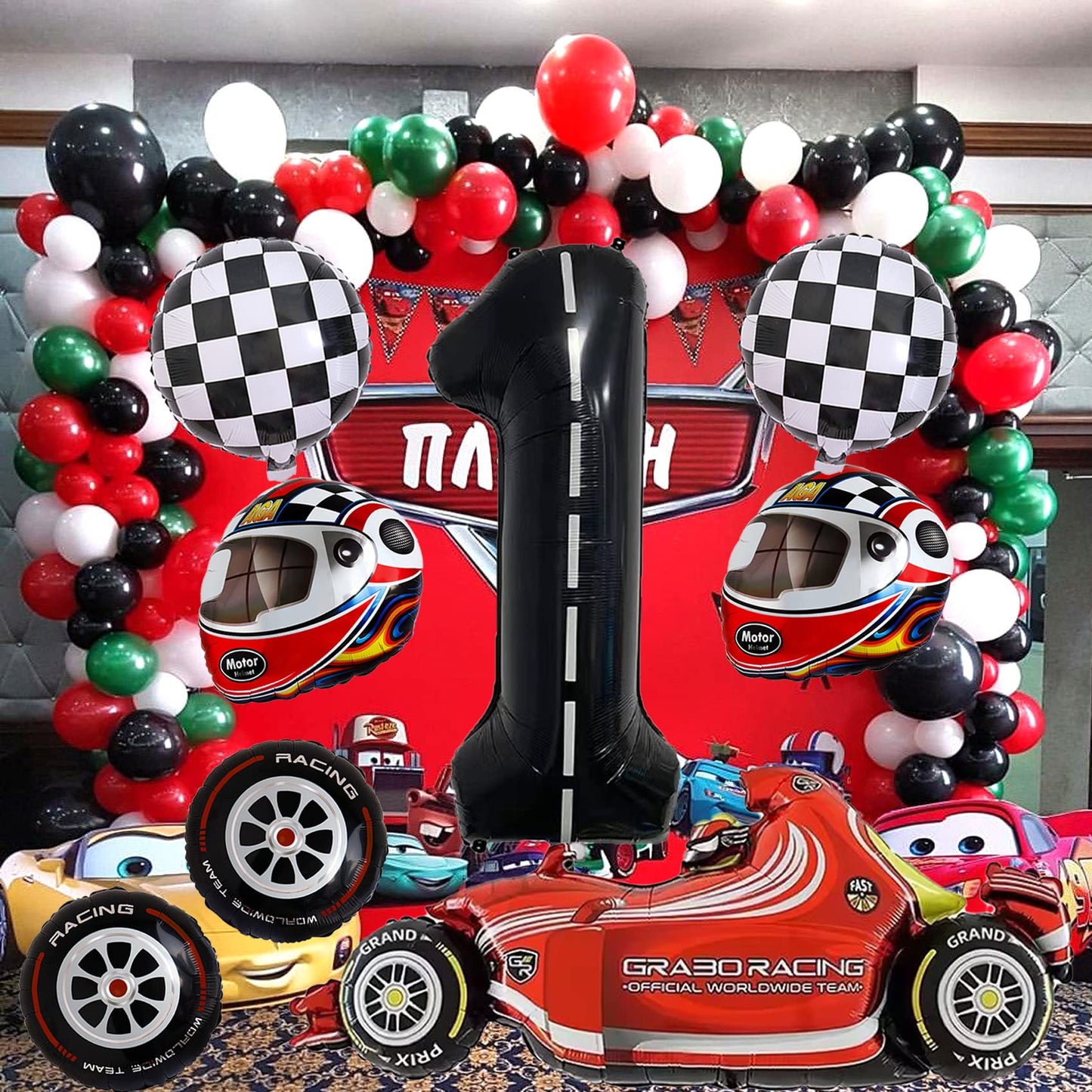 Stcomart 8 Pcs Race Car Party Decorations, Black Number 1 Balloon Checkered Balloons Tire Balloons For Boys 1St Birthday