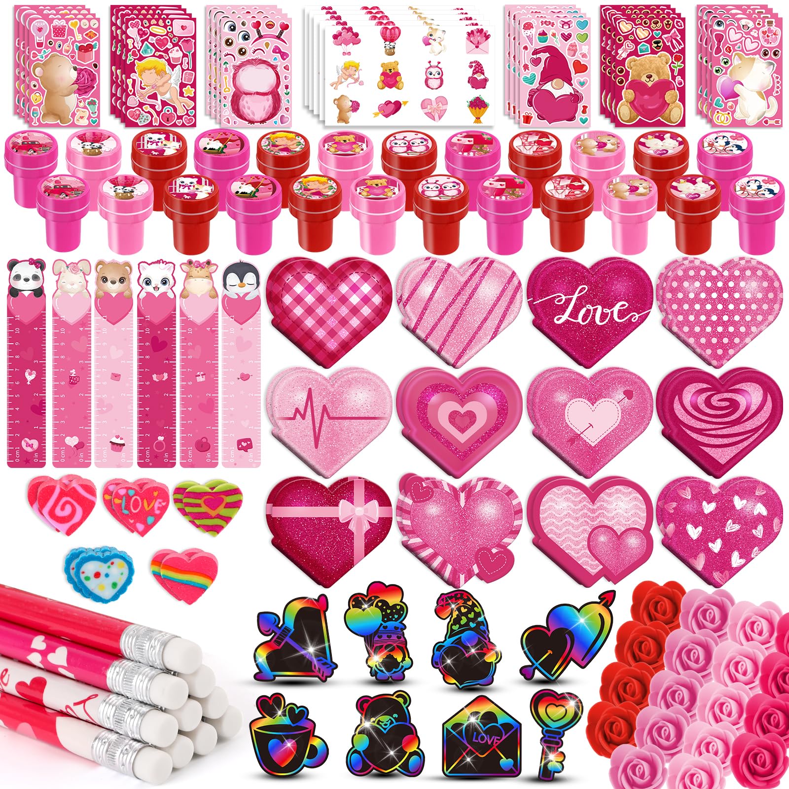 BenLouis Valentines Day Stationery Gifts Set for Kids Hearts Pencils Erasers Stickers School Classroom Exchange Reward Prizes Bu
