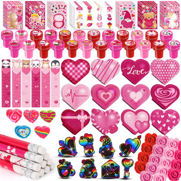 BenLouis Valentines Day Stationery Gifts Set for Kids Hearts Pencils Erasers Stickers School Classroom Exchange Reward Prizes Bu