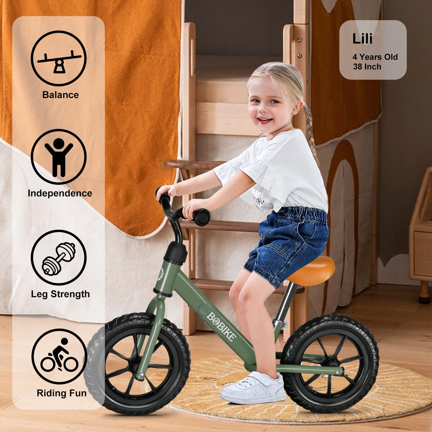 Bobike Toddler Balance Bike Toys For 2 To 5 Year Old Girls Boys Adjustable Seat And Handlebar No-Pedal Training Bike Best Gifts For Kids (Green)