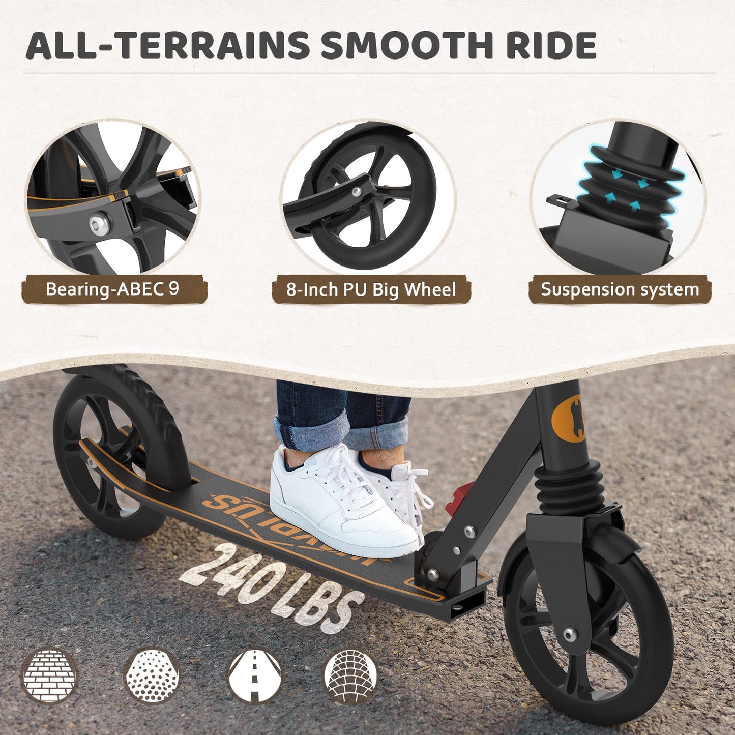 Wayplus Kick Scooter For Ages 6+,Kid, Teens & Adults. Max Load 240 Lbs. Foldable, Lightweight, 8In Big Wheels For Kids, Teen And Adults, 4 Adjustable Levels. Bearing Abec9