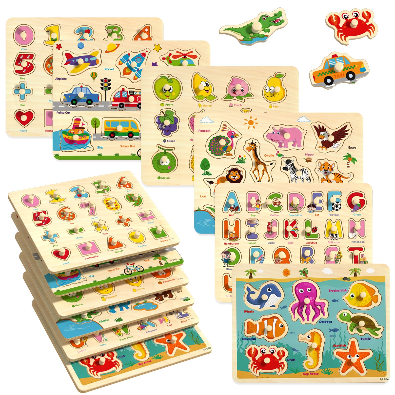 Edutree Wooden Peg Puzzles For Toddlers 1 2 3 4, 6 Pack Educational Peg Puzzles Montessori Toys, Learning Puzzles For Kids Girs