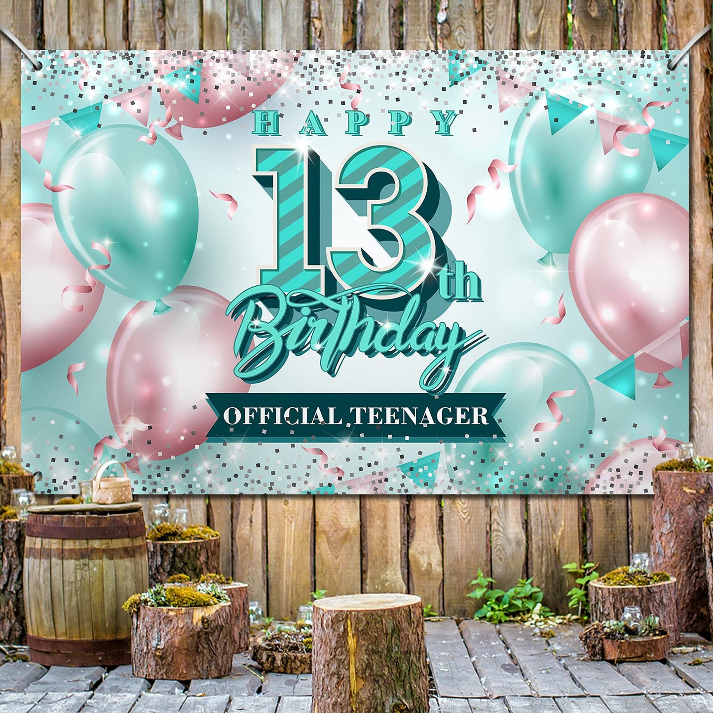 Happy 13Th Birthday Banner Backdrop Official Teenager 13 Years Old Pink And Teal Background Bday Decorations For Girls Photography Party Supplies Glitter