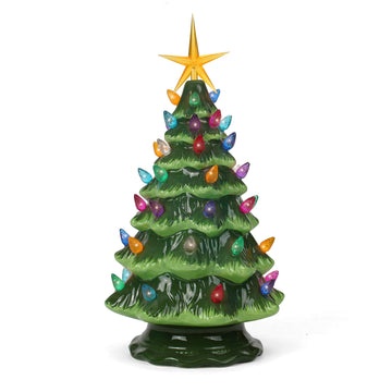 Milltown Merchants Ceramic Christmas Tree - Tabletop Christmas Tree With Lights - (11.5' Medium Green Christmas Tree/Multicolored Lights) - Lighted Vintage Ceramic Tree