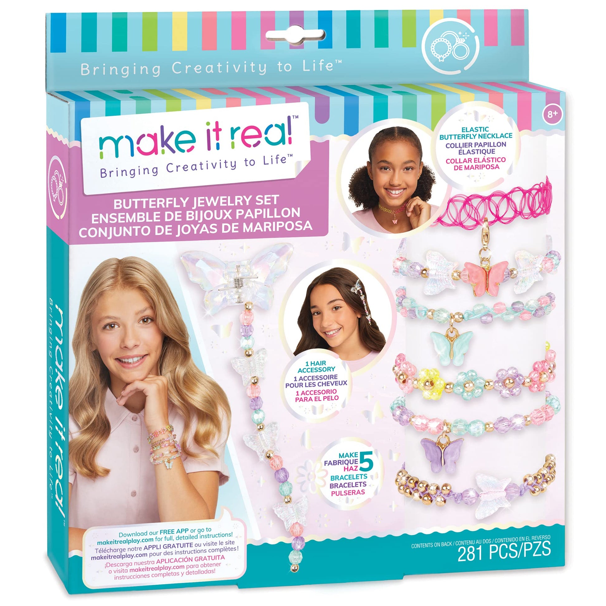 Make It Real: Butterfly Jewelry Set  Create 7 Pieces of Jewelry, 281 Pieces, includes Play Tray, DIY AllinOne Kit, Tweens & G