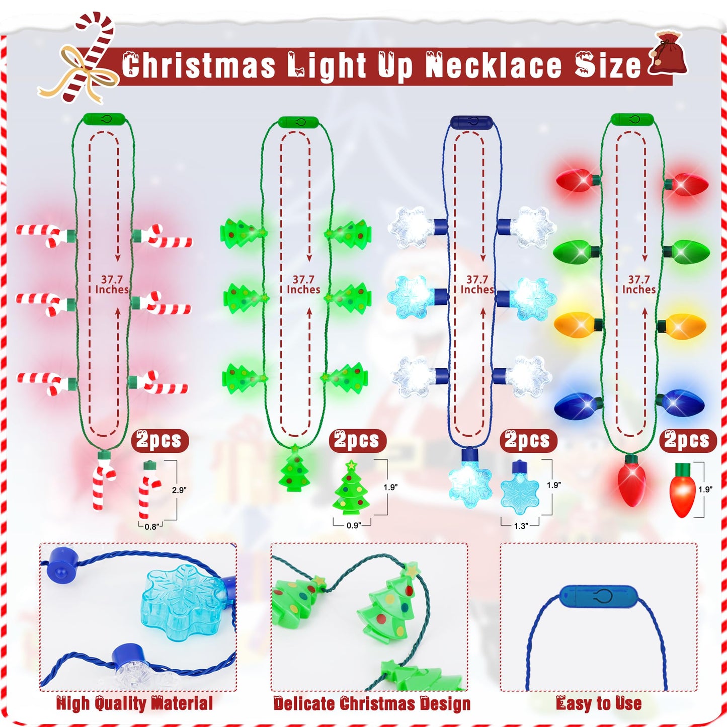 24 PCS Christmas Party Favors, Light Up Candy Cane Snowflake Tree Bulb Necklace LED Headwear Glow Eyeglasses Set for Bulk Xmas G