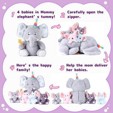 Earthsound Elephant Mom And Baby Stuffed Animal Mommy Plush Toy,16    Cute Small Mama Soft Toy With Little Babies,Family Set Gif