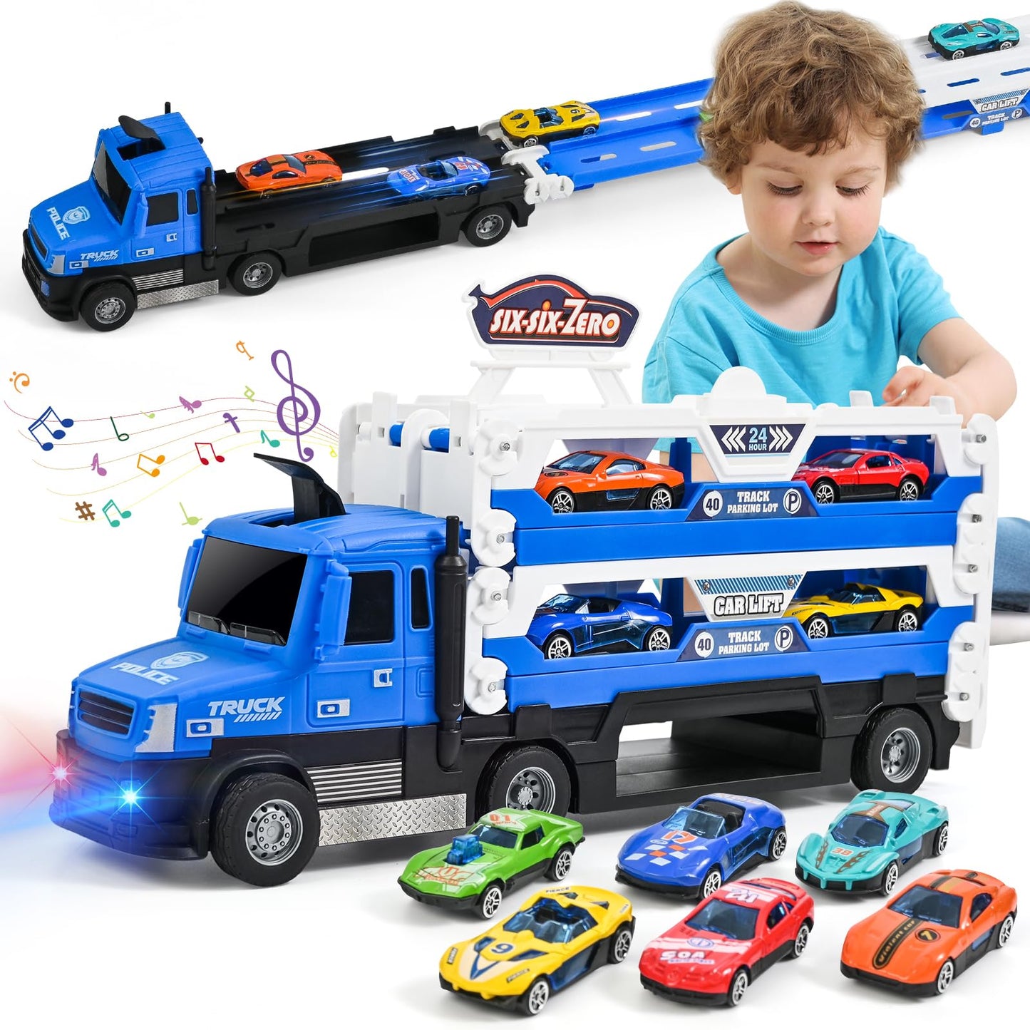 Moontoy Carrier Truck Race Track Kids Toys, 55 Inch Foldable Hauler Track Ejection Car And 6 Metal Race Car, Truck Toys With Lig