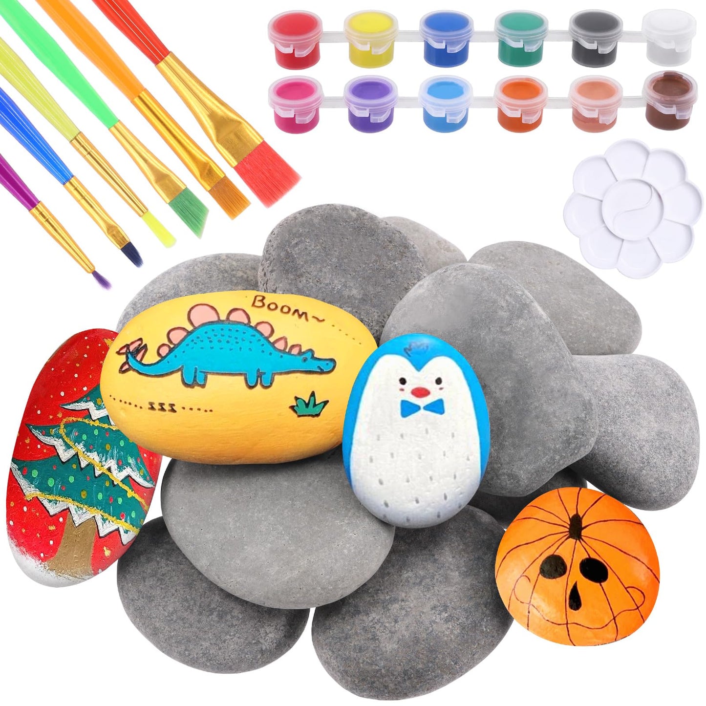Glarks 34Pcs Rock Painting Kit, Including 15Pcs 2-3 Flat Painting Stones River Rocks, 12 Colors Non-Toxic Washable Paint, 6Pcs P