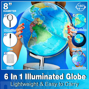 Poocci 6 In1 Illuminated World Globe For Kids & Adults All Ages High Clear Map, Illuminates Educational Interactive Globe Stem Toy, Light Up Kids Globe Lamp,Earth Globe Gifts For Boys And Girls