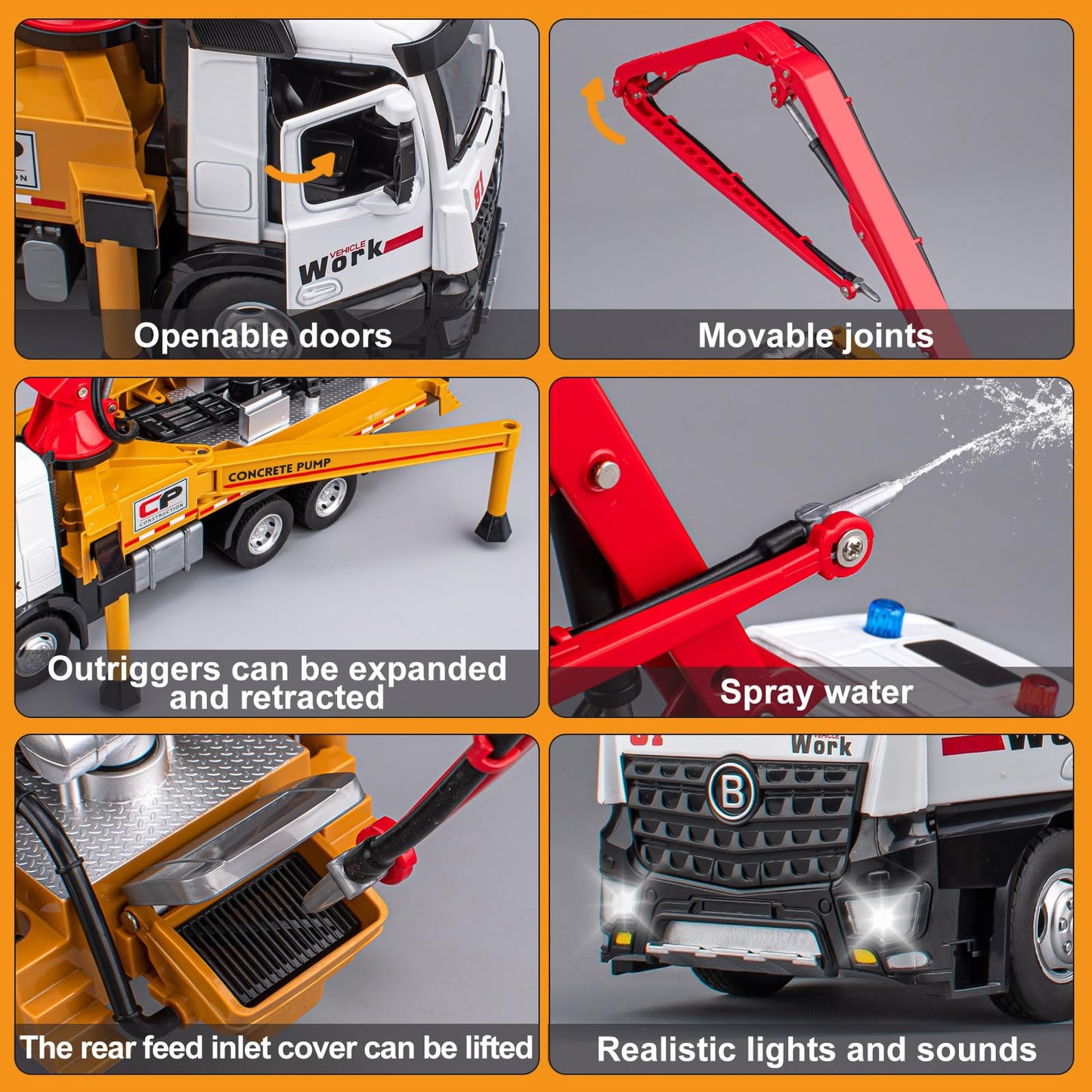 Concrete Pump Truck Toy Metal Cab, Diecast Construction Trucks with Working Water Pump, Lights and Sounds, Construction Vehicles