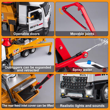 Concrete Pump Truck Toy Metal Cab, Diecast Construction Trucks with Working Water Pump, Lights and Sounds, Construction Vehicles