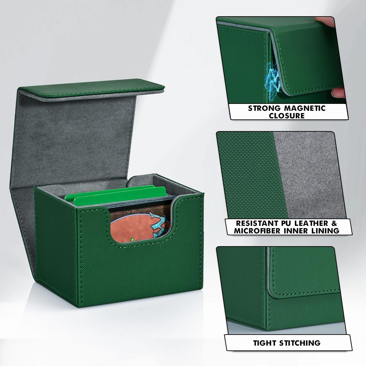 Zlca Card Deck Box For Trading Cards, Mtg Commander Deck Box Holds 120+ Single Sleeved Cards, Leather Magnetic Card Storage Box Fits For Tcg Ccg Magic Cards (Green)