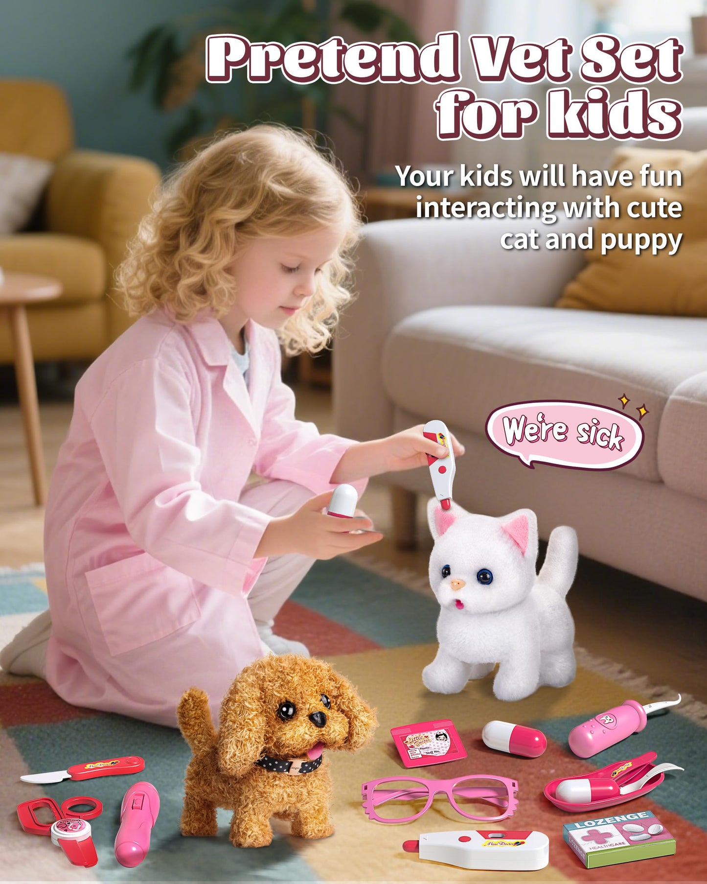 2 Plush Pets Cat & Dog, 36-Piece Vet Doctor Kit for Kids - Toddler Veterinarian Playset with Costume, Doctor and Dental Tools -