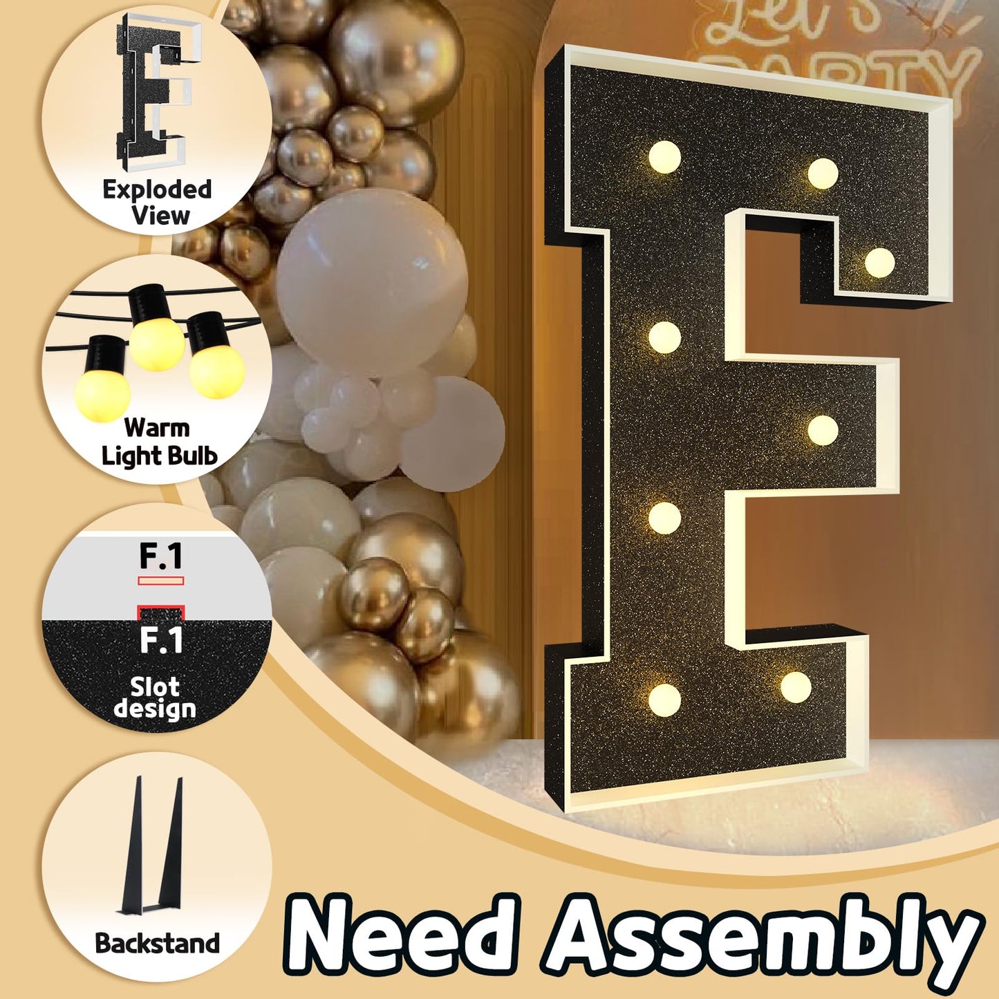 Imprsv Marquee Letters Black 3Ft: Black Party Decor - Light Up Letter F Large 3 Feet Tall - Party Decorations Letter For Birthda