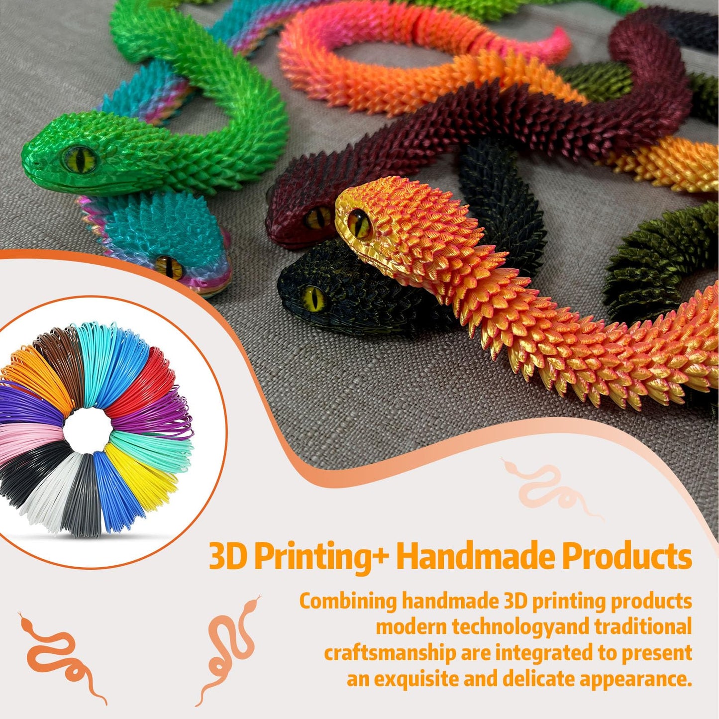 Binvin 3D Printed Animals-Snake Viper,3D Printed Snake Toys 3D Printed Articulated Snake 3D Printed Animals Animal Model Ornamen