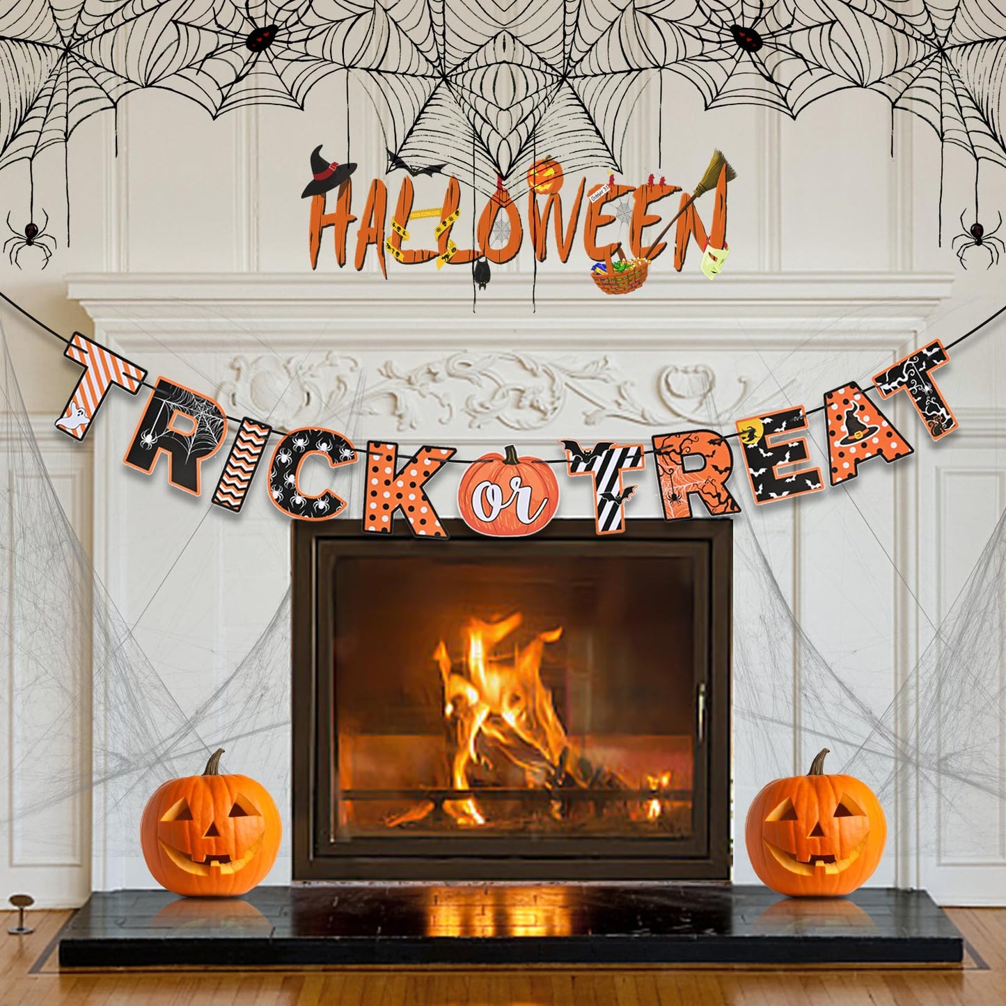 Halloween Trick Or Treat Paper Party Banner Fireplace Decor, Ahfulife Halloween Hanging Bunting Garland Sign For Halloween Party