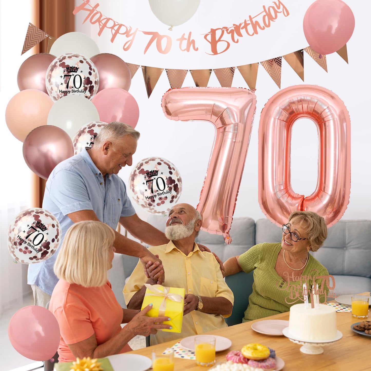 70Th Birthday Decorations Retro Pink Rose Gold,70Th Birthday Balloons,Happy 70Th Birthday Banner With Cake Toppers Rose Gold Num